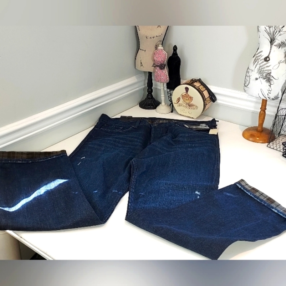 William Rast Jake Straight Dark Wash Plaid Inlay Button Fly Jeans NWT